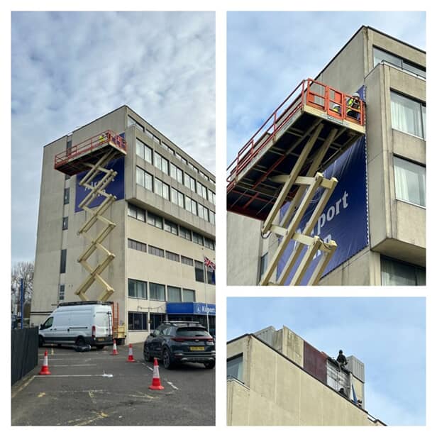 A collage of the airport inn signage installation.